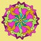 MANDALA FLOWER. PLAIN YELLOW BACKGROUND. CENTRAL FLOWER IN YELLOW, FUCHSIA, GREEN AND OCRE