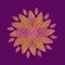 MANDALA FLOWER. TEXTURED VIOLET AND PURPLE BACKGROUND. CENTRAL FLOWER IN ORANGE, RED, TURQUOISE AND YELLOW