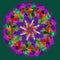 MANDALA FLOWER. TIFFANY STYLE. PLAIN GREEN BACKGROUND. COLORFUL IMAGE. CENTRAL FLOWER IN ORANGE, RED, GREEN, BLUE, PURPLE