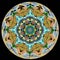 Mandala psychedelic trip and hippie culture. Eyes and nature, desert, tree, water, sand, flowers, sky, circle.