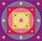 Mandala of squares, circles and rays. Aum / Om / Ohm sign and stars. Spiritual symbol. Vector art.
