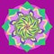 MANDALA STAR FLOWER. PLAIN PURPLE BACKGROUND. CENTRAL DESIGN IN PURPLE, GREEN, YELLOW AND ORANGE