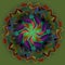 MANDALA SUNFLOWER . PLAIN DEEP GREEN BACKGROUND. CENTRAL FLOWER IN ORANGE, RED, BURGUNDY, PURPLE, BLUE