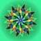 MANDALA SUNFLOWER. PLAIN GREEN BACKGROUND. CENTRAL FLOWER IN GREEN, YELLOW, BLUE, PURPLE AND BLACK