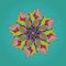 MANDALA SUNFLOWER. PLAIN GREEN BACKGROUND. CENTRAL FLOWER IN YELLOW, PINK, RED, PURPLE AND GREEN