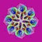 MANDALA SUNFLOWER. PLAIN MAGENTA BACKGROUND. CENTRAL LINEAR PATTERN. FLOWER IN PURPLE, BLUE, YELLOW, GREEN