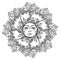 Mandala tattoo. Fairytale style sun with a human face surrounded by curly ornate clouds. Decorative element for coloring