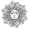 Mandala tattoo. Fairytale style sun with a human face surrounded by curly ornate clouds. Decorative element for coloring