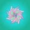 MANDALA WIND FLOWER. PLAIN AQUAMARINE BACKGROUND. CENTRAL FLOWER IN PINK, PURPLE, GREEN AND WHITE