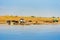 MANDALAY, MYANMAR - DECEMBER 1, 2016: Boats near the bank of the river Irravarddy, Burma. Copy space for text.