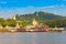 MANDALAY, MYANMAR - DECEMBER 1, 2016: Sagaing city port. Golden pagodas, Burma. Copy space for text.