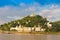 MANDALAY, MYANMAR - DECEMBER 1, 2016: Sagaing city port. Golden pagodas, Burma. Copy space for text.