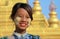 MANDALAY, MYANMAR - DECEMBER 17. 2015: Portrait of a Burmese girl with traditional Thanaka face painting in front of golden Pagoda
