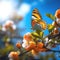 mandarin blooming white flowers ,bee and butterfly sitting on fruits, mandarin,olives,with drops of morning dew watercherrylemon