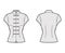 Mandarin blouse technical fashion illustration with cap sleeves, stand neck, fitted body, Frog closure. Flat Chinese