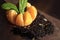 Mandarin close-up. Next to it is a handful of medium leaf black tea with bergamot, orange zest and flowers.