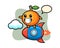 Mandarin orange mascot character riding a rocket