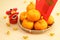 Mandarin oranges in basket with Chinese New year red packets and lion doll - Series 3