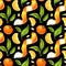 Mandarin, peel and green leaves watercolor seamless pattern. Botanical painting citrus branch color