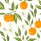 Mandarin seamless pattern. Exotic tropical orange citrus fruit, juicy tangerine with green leaves, vector cartoon minimalistic