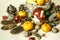Mandarins,nuts,snowflakes,balls,straw baskets with fruits