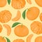 Mandarins or tangerines seamless pattern. Orange citrus and green leaves, peeled fruits and slices.