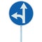 Mandatory straight or left turn ahead, traffic lane route direction sign pointer road sign, choice concept, blue isolated roadside