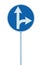 Mandatory straight or right turn ahead, traffic lane route direction sign pointer road sign, choice concept, blue isolated