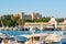 Mandraki harbor with Rhodes fortress and New market Nea Agora, Rhodes, Greece