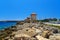 Mandraki Harbour windmills on the Island of Rhodes Greece. Sunny day