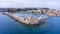 Mandraki port of Rhodes city harbor and Elli beach a popular summer tourist destination, aerial panoramic view in Rhodes island in