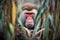 mandrill peeking through dense foliage in the forest