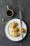 Mandu filled with pork and vegetables on concrete background. Korean cuisine. Top view