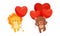 Maned Lion and Bear Holding Red Heart Shaped Toy Balloon Vector Set