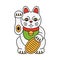 Maneki neko cat with coin. Japanese symbol wishing good luck with raised paw. Vector sign of wealth, happiness, fortune