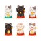 Maneki-neko Cat with Raised Paw as Ceramic Japanese Figurine Bringing Good Luck Vector Set