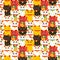 Maneki-neko cat. Seamless pattern with sitting hand drawn lucky cats. Japanese culture. Doodle drawing. Vector