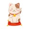 Maneki-neko Cat Seated on Pillow with Raised Left Paw as Ceramic Japanese Figurine Bringing Good Luck Vector