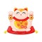 Maneki Neko is a fat cat, a symbol of good luck and wealth. Japanese cat with raised paw and fish. Cartoon Style. Vector