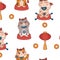 Maneki neko lucky cat pattern. Japanese or chinese animal kitty doll with money and red lantern, japan luck talisman