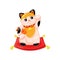 Maneki Neko, a symbol of good luck and wealth. Japanese cat with raised paw and fish. Cartoon Style. Vector illustration