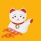 Maneki-neko or welcoming cat or lucky cat with a coin collar on its neck. Beckoning cat made in a flat cartoon style. Maneki Neko.