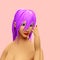 Manga 3D render girl with purple hair future sci-fi looking to future gesturing hand