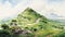 Manga-style Castle Painting On Hill: Nigeria Watercolor Illustration