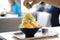 Mango Bingsu Kakigori - Korean shaved ice dessert flavor, stuffed with sticky rice, topped with whipped cream and mango ice