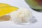 Mango butter and fresh mango fruit. Organic cosmetic, skin care, spa concept