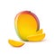 Mango fruit for fresh juice, jam, yogurt, pulp. 3d realistic yellow, red, orange ripe mango cubes isolated on white background