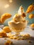 Mango gelato, floating delicious refreshing frozen dessert fresh mango puree ice cream, milk, cream, sugar. Cinematic ads photo