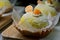 Mango icing sugar sponge cake display