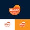 Mango juice organic products logo. Orange-yellow like drop form with letters on a different backgrounds.